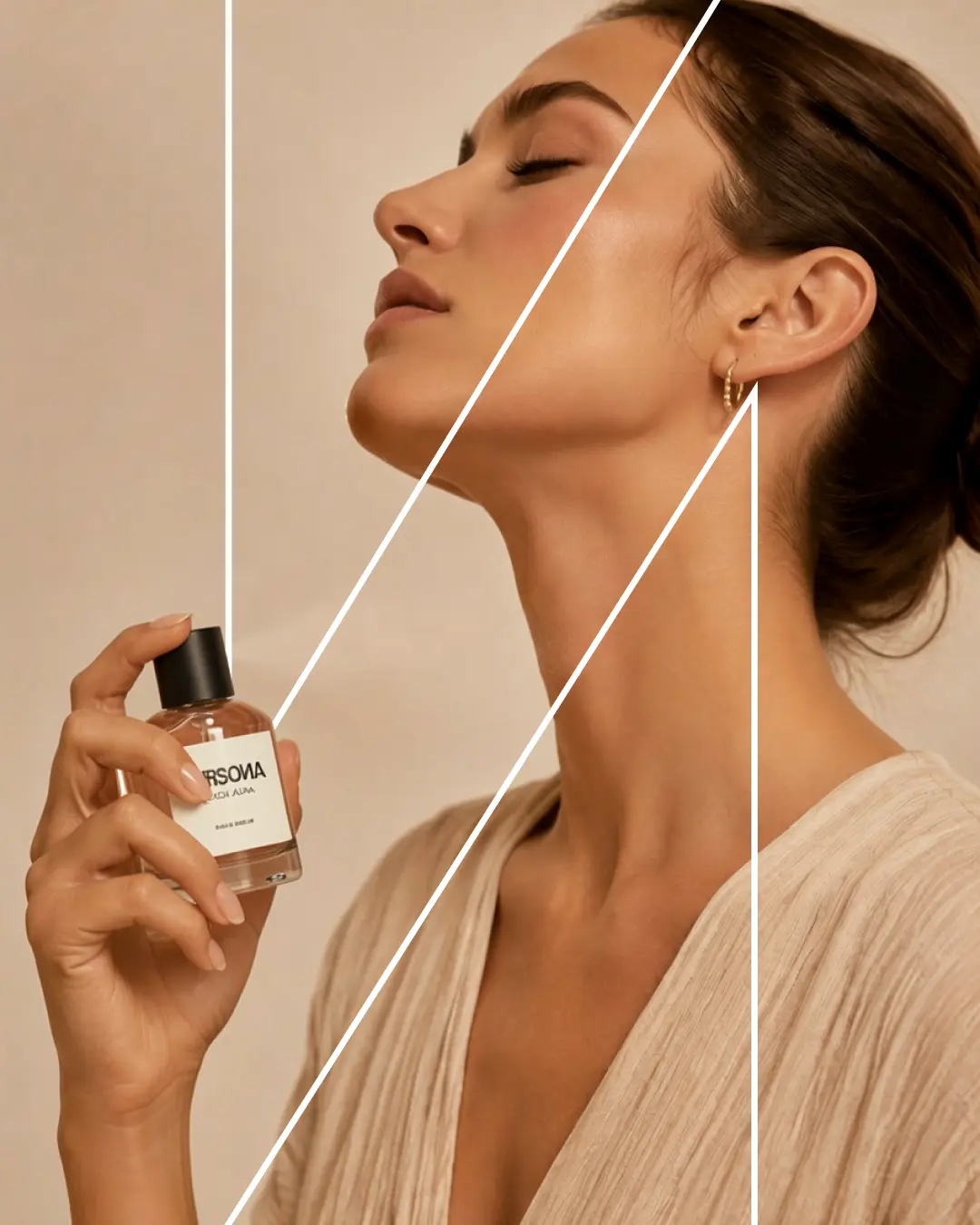 Vrouw sprayt Persona parfum op haar nek