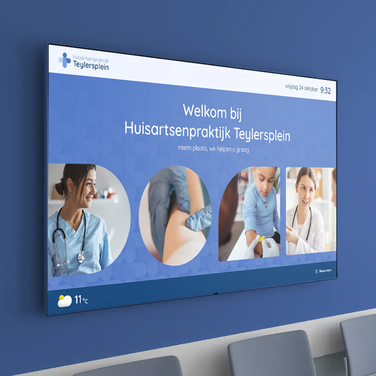 Huisartsenpraktijk Teylersplein wachtruimte scherm